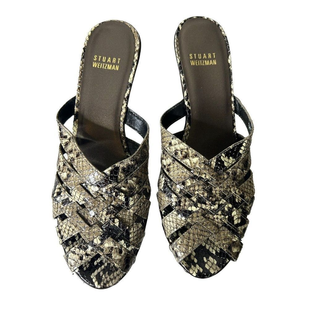 Stuart Weitzman 8M Snake Skin Woven Leather Pumps Sandals Studded Heel Slip On